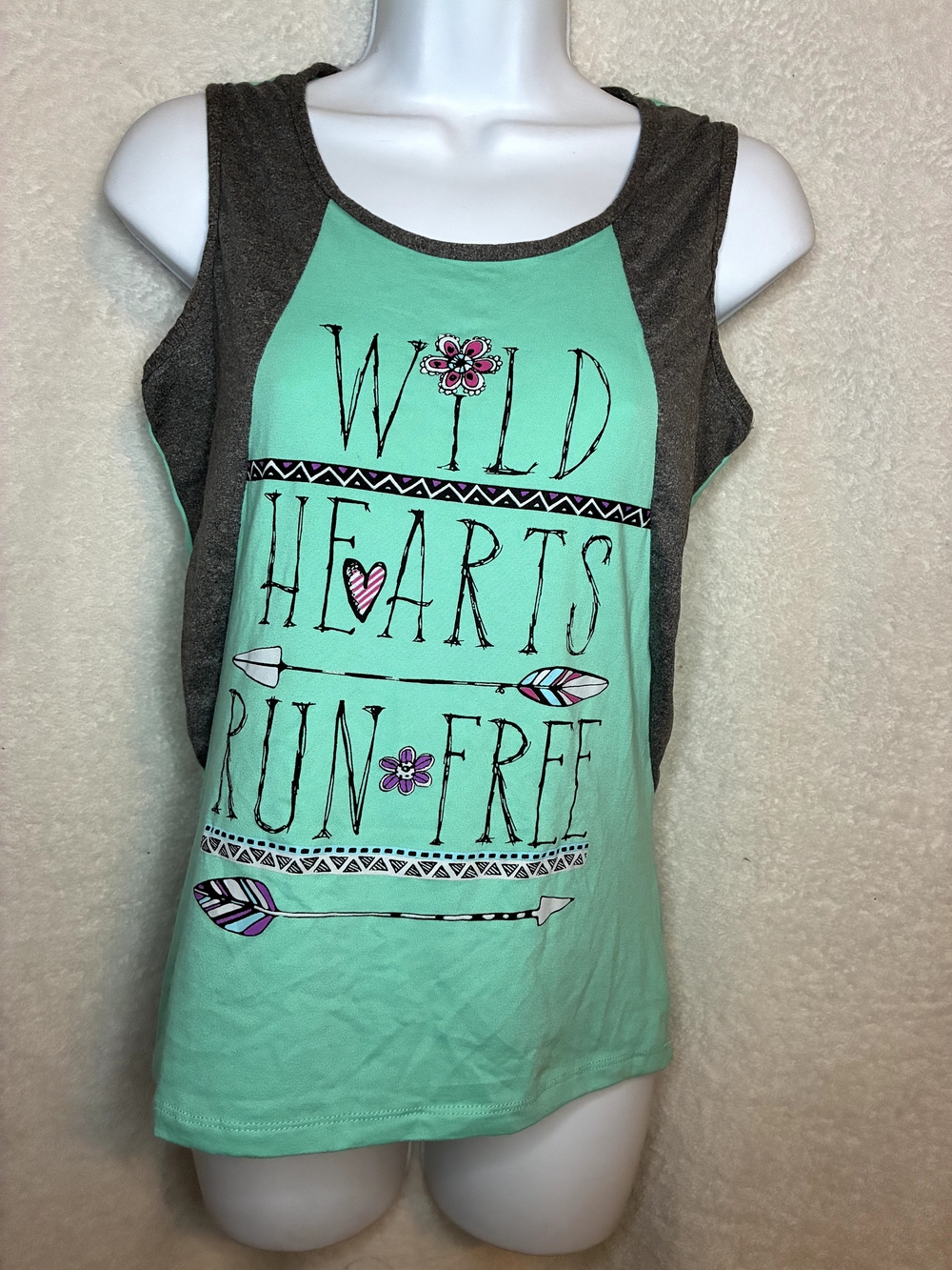 Bobbie Brooks Mint Green and Dark Gray Tank Top 'Wild Hearts Run Free'